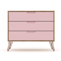 Manhattan Comfort 103GMC6 Rockefeller Mid-Century- Modern Dresser with 3- Drawers in Nature and Rose Pink